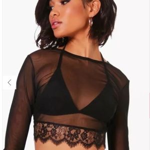 Boohoo Women’s Daisy Long Sleeve Lace Trim Mesh Crop Top Size Medium (10)